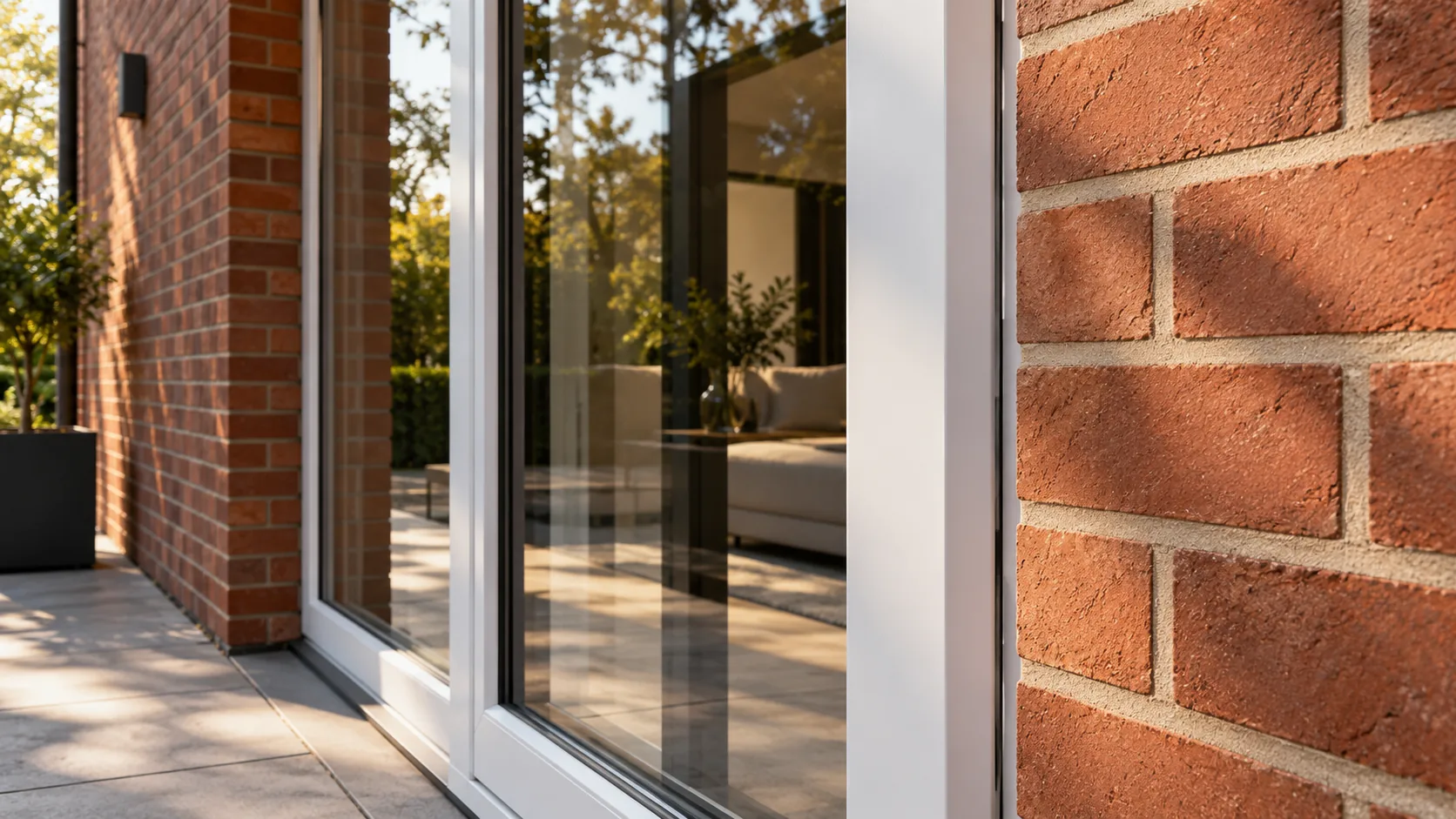 Architectural illustration of brick pointing and a neat sealant joint beside a glazed door